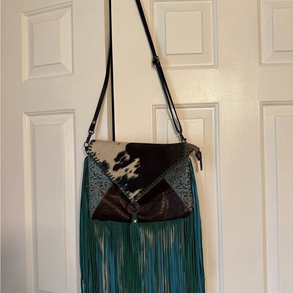 Myra Black and Teal Cowhide Fringe Women's Bag